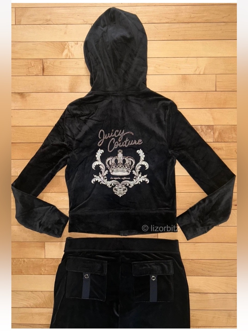 NEW! JUICY COUTURE Velour Crown Bling Logo Tracksuit Set Black Size M